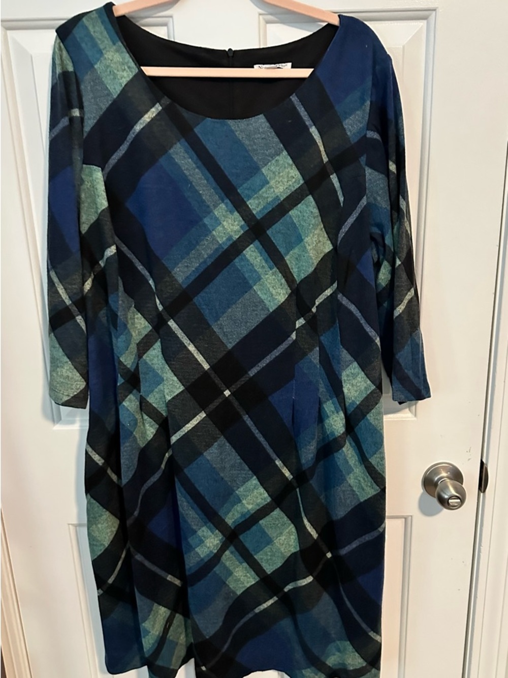 NorthStyle Blue and Teal Plaid Long Sleeve A-Line Dress